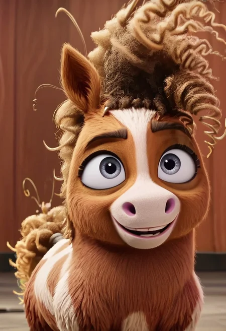 thelma pony, 1girl, small pony, short body, female pony, grey eyes, two-toned fur, brown and white fur, white line of fur in middle of face, brown hair, curly hair, brown tail, curly tail, feral, score_8_up, score_7_up, BREAK, 1girl, solo, looking at viewer, cute, smiling, female focus, looking at viewer, detailed background, 4k, masterpiece, best quality, highly detailed, 3d, full shot, realistic, 3d,
