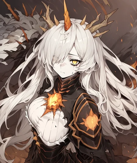 score_9, score_8_up, score_7_up, score_6_up, score_5_up, score_4_up, BREAK source_anime,<lora:add-detail-xl:1>,<lora:Expressive_H:1>,
<lora:Alchemy Stars Frostfire_PONY:1>,1girl, solo, frostfire, long hair, hair over one eye, horns, white hair, yellow eyes,empty eyes, pale skin, armor, black dress,