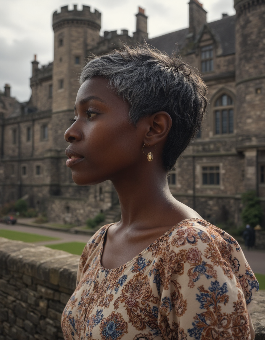 A ravishing Senegalese lady with a soft, feminine voice,Tomboy Cut,Dark gray hair,professionally shot,Edinburgh Castle Scotland,detailed masterpiece most beautiful artwork in the world Ultrarealistic,film camera,Sunlight,<lora:real-lora:1>