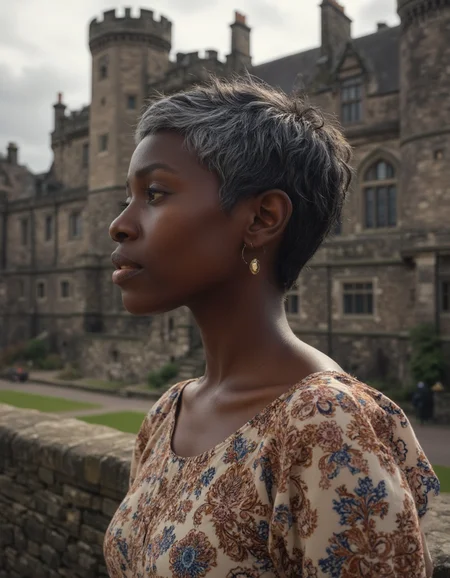 A ravishing Senegalese lady with a soft, feminine voice,Tomboy Cut,Dark gray hair,professionally shot,Edinburgh Castle Scotland,detailed masterpiece most beautiful artwork in the world Ultrarealistic,film camera,Sunlight,<lora:real-lora:1>