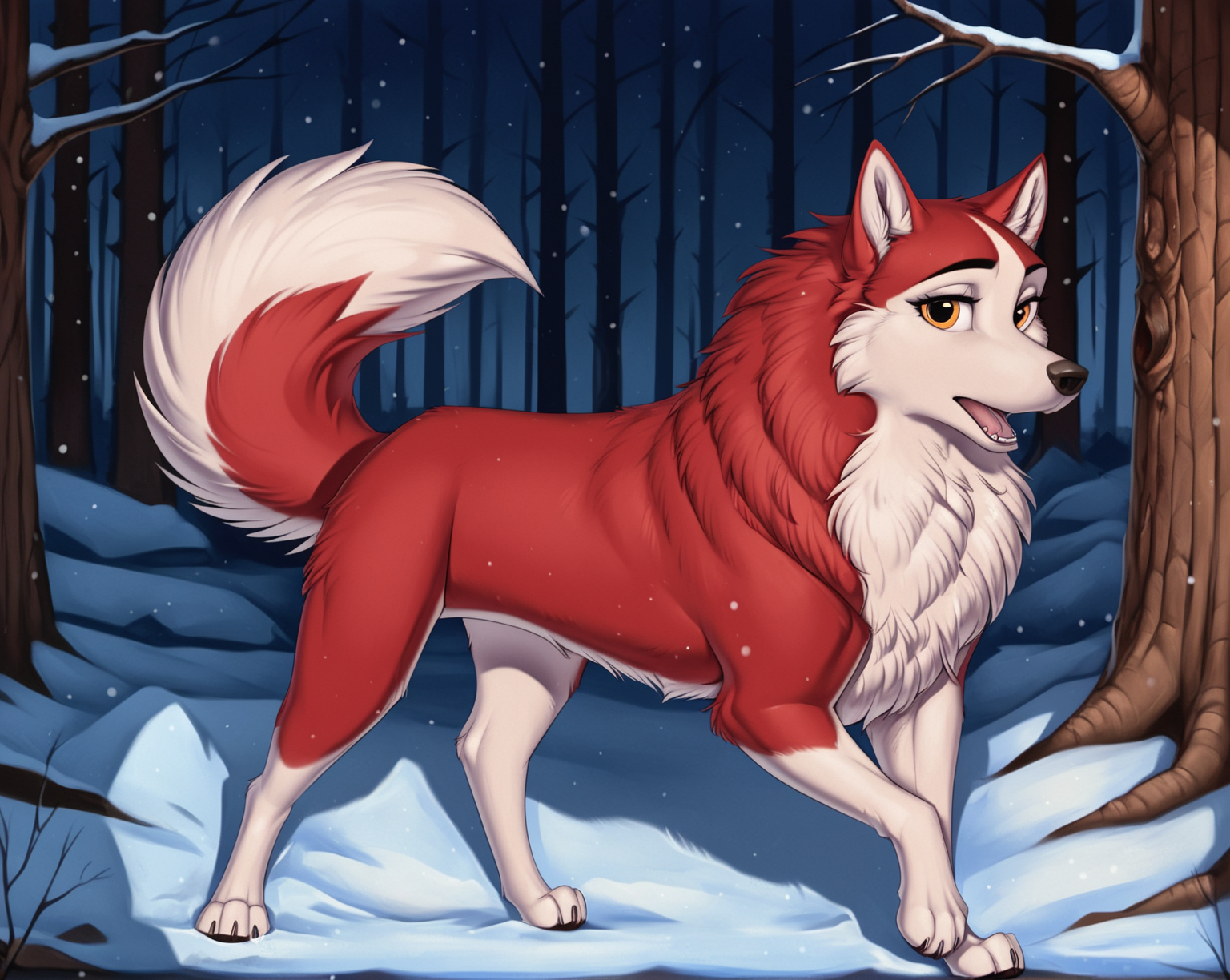 score_9, score_8_up, score_7_up, score_6_up, score_5_up, score_4_up, BREAK, (<lora:Jennabalto:0.8>, jenna\(balto\), open mouth, thin body, amber eyes,red fur, two tone fur, feral canine, fluffy fur, in the snow, large paws, detailed fur, solo, curled husky tail, looking at viewer), <lora:Meesh_Style_PonyXL:0.5>, by meesh, <lora:Cervina7_Cervina_Artist_Style_PonyXL:0.2>, by cervina, realistic, 8k, clean,  woods, ultra detailed, <lora:add-detail-xl:0.8> ,<lora:Truegrave9_Style:0.1> by truegrave9, <lora:DetailedFur:0.5> fur, detailed fur, body fur, tuft, fluffy, detailed eyes, detailed face,