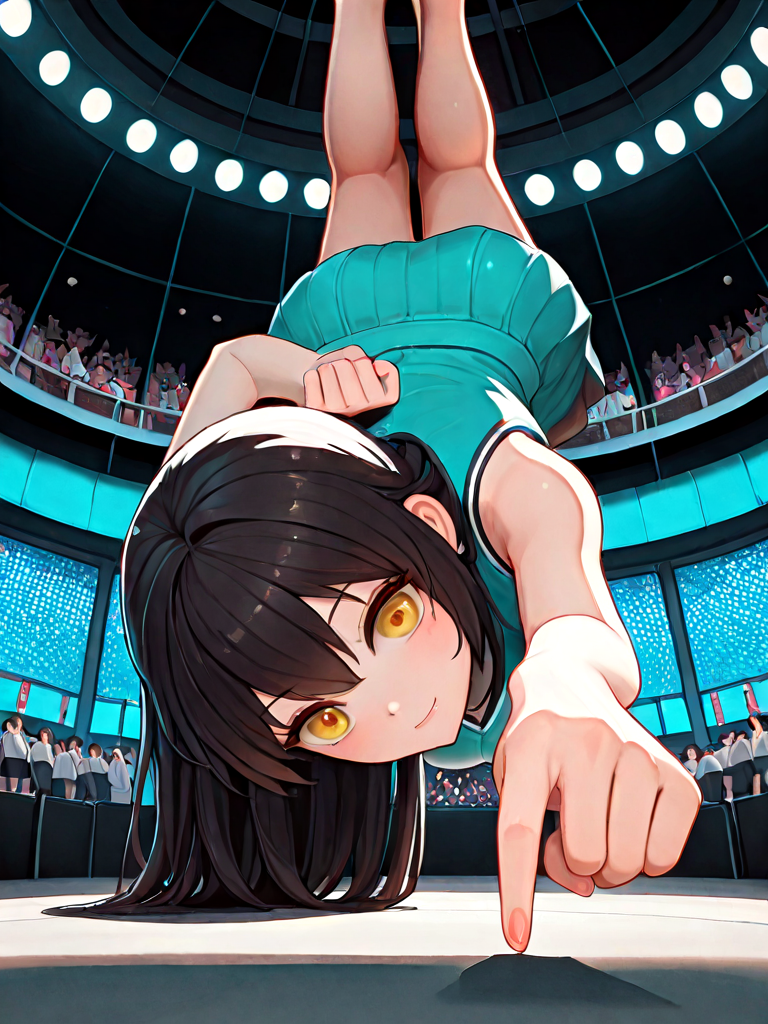 absurdres, explicit, one finger handstand, pointing down, hand on ground, 1girl, light smile, large breasts, black qipao, sleeveless qipao, full body, from below, low pov, dark, indoors, stage lights, cheerleader, basketball court, audience, arm behind back, <lora:onefingerhandstand_ilxl:1>