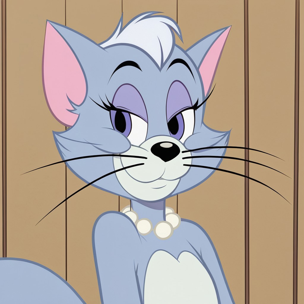 score_9, score_8, score_7, EdnaTJ, furry, pearl necklace, cat, solo, furry, cat, furry female, whiskers, tail, cat ears, upper body, standing, solo, smile, looking at viewer