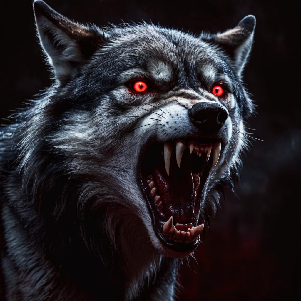 Dark Fantasy Art of  <lora:cinematic vampire film style:1>
an epic vampire wolf with red eyes and vampire teeth with a black background cinematic vampire film style, dark, moody, dark fantasy style