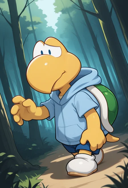 masterpiece,best quality, amazing quality, 1boy, solo, k00ps, koopa troopa, nervous, blue hoodie, blue short, white shoes, attack,
forest,