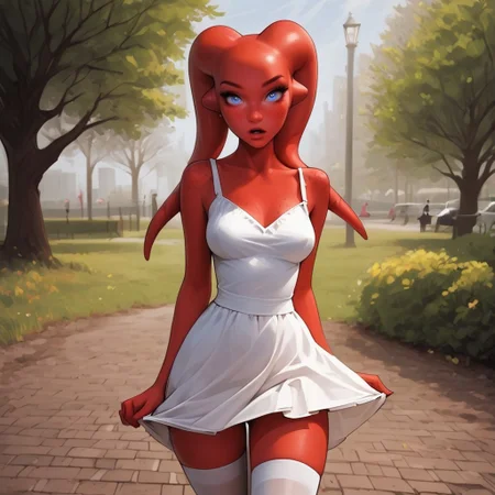 safe_pos, ((((dynamic view)))),
fHandDetail, ((Twi'lek girl, red skin, red lekku, stunning blue eyes, 18 years old)), (nubile hourglass figure, perfect tight ass, perfect medium breasts), (skin detail, freckles, moles:1.4), in an office, seductive pose,
perfect makeup, ((sundress, white thighhighs)),
BREAK
(:1.2), shocked, surprised, wide eyes,
BREAK
(pretty eyes, looking at viewer, eye contact, seductive pose:1.4),
BREAK
((((park, detailed multi-layered background)))),
