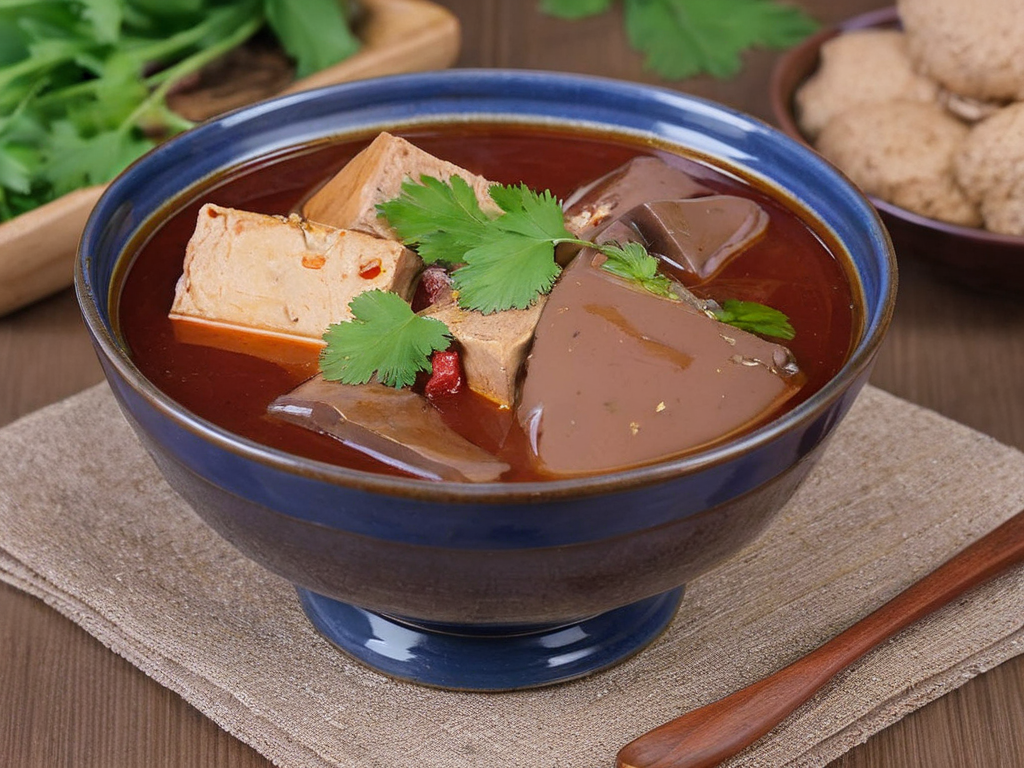 A high-resolution, hyper-realistic image of a bowl of maradofu, a unique delicacy in Taiwanese cuisine. The dish features cubes of duck blood and tofu, cooked in a savory broth and garnished with fresh herbs. The duck blood has a rich, dark color and a smooth, jelly-like texture, while the tofu is soft and creamy. The dish is served in a traditional ceramic bowl, placed on a rustic wooden table. The scene is set in a cozy Taiwanese kitchen, with all elements in sharp focus, creating a clear and detailed image. The lighting should be warm and inviting, highlighting the appetizing qualities of the maradofu and the homely atmosphere of the setting, <lora:maratofu:0.7>