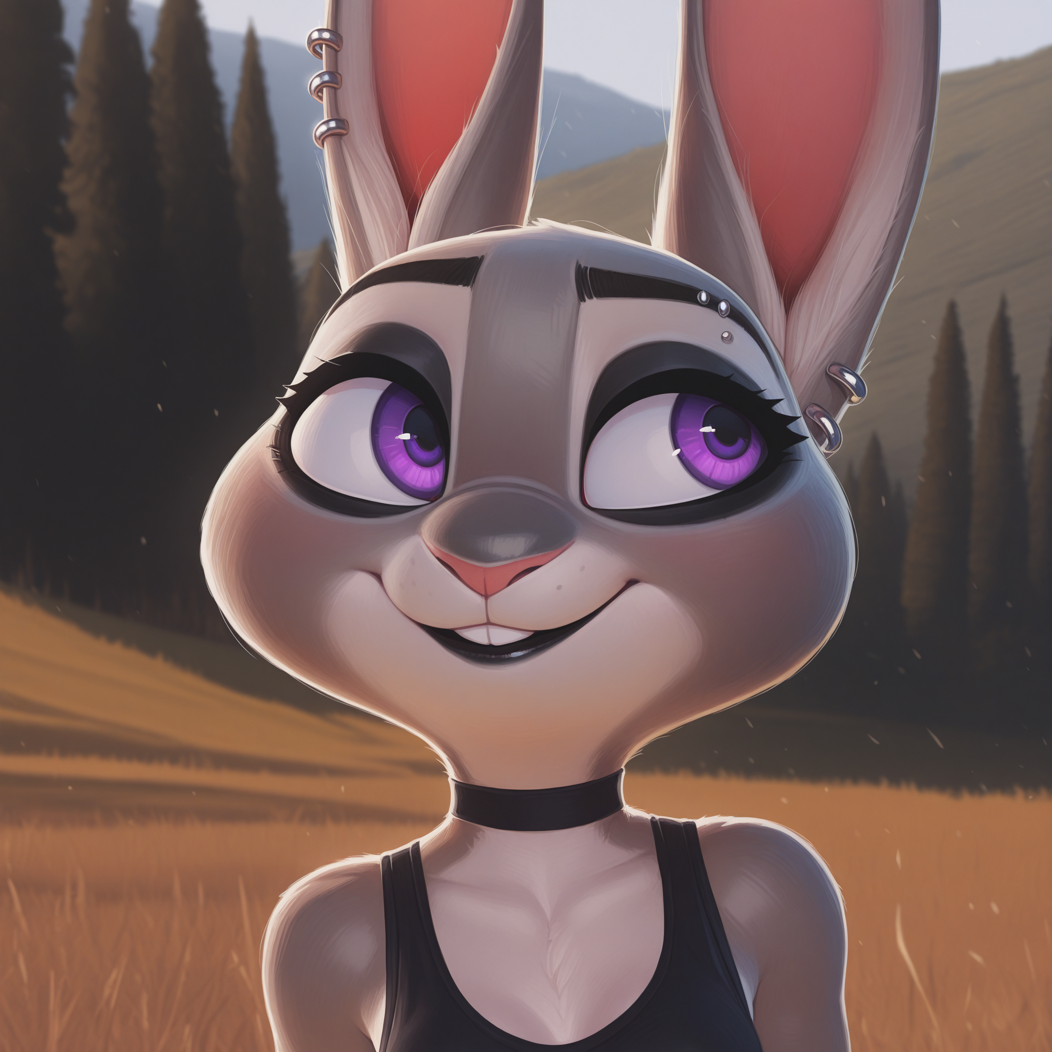 masterpiece, best quality, absurdres, highres, high quality, highly detailed,
1girl, solo, judy hopps \(zootopia\), furry, rabbit, grey fur, purple eyes, gothic, black eyeshadow, black lips, no humans, smile, looking to the side,
breasts,
black tank top, choker, eyebrow piercing, ear piercing,
upper body, face focus, portrait,
outdoors, depth of field, cinematic,
no lineart, pixelsketcher, <lora:incase_new_style_red_ill:0.6>, <lora:bonifasko_ill:0.4>, <lora:PixelSketcher_Style_Illustrious:0.45>