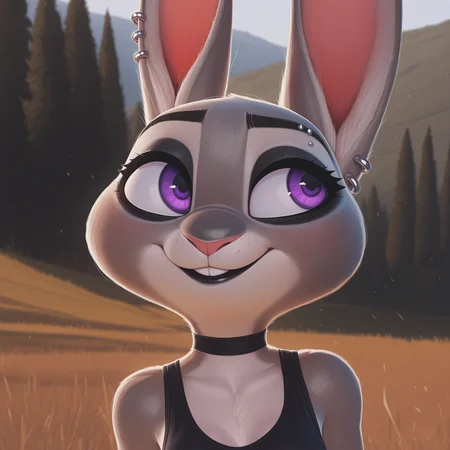 masterpiece, best quality, absurdres, highres, high quality, highly detailed,
1girl, solo, judy hopps \(zootopia\), furry, rabbit, grey fur, purple eyes, gothic, black eyeshadow, black lips, no humans, smile, looking to the side,
breasts,
black tank top, choker, eyebrow piercing, ear piercing,
upper body, face focus, portrait,
outdoors, depth of field, cinematic,
no lineart, pixelsketcher, <lora:incase_new_style_red_ill:0.6>, <lora:bonifasko_ill:0.4>, <lora:PixelSketcher_Style_Illustrious:0.45>