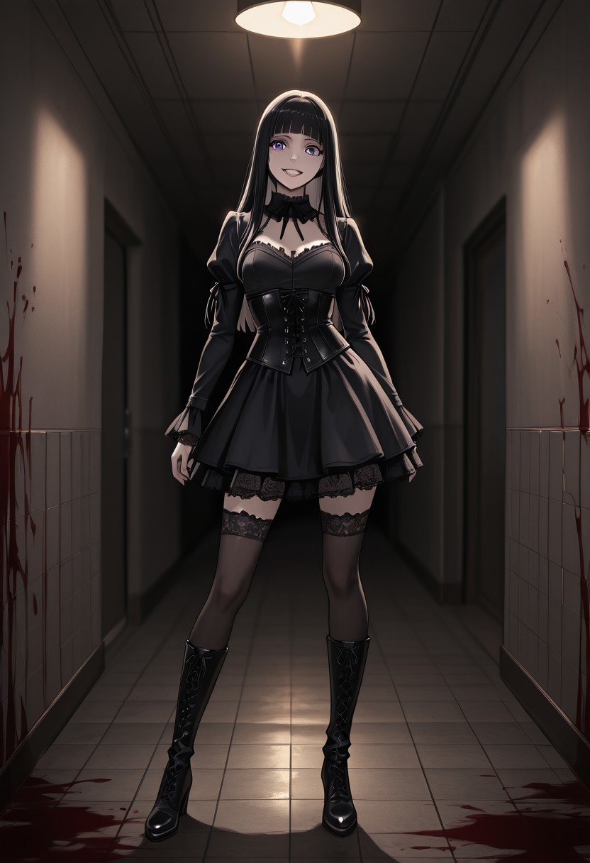 masterpiece, best quality,
Nakahara sunako,  long hair, black hair, pale skin, pink lips, violet eyes, mysterious expression, soft features. gothic dress, black stockings, corset, lace details, dark aesthetics, high boots, gothic accessories, mysterious appearance, dark chic,
looking_at_viewer, 1girl, masterpiece, best quality, bokeh, luminescent background,harp teeth, grin, horror \(theme\), indoors, hallway, dark, shadow, cracked wall, tiles, night, (blood:1.2), blood on wall, blood on clothes, blood splatter, contrapposto, legs apart, standing, ceiling light, full body, looking at viewer