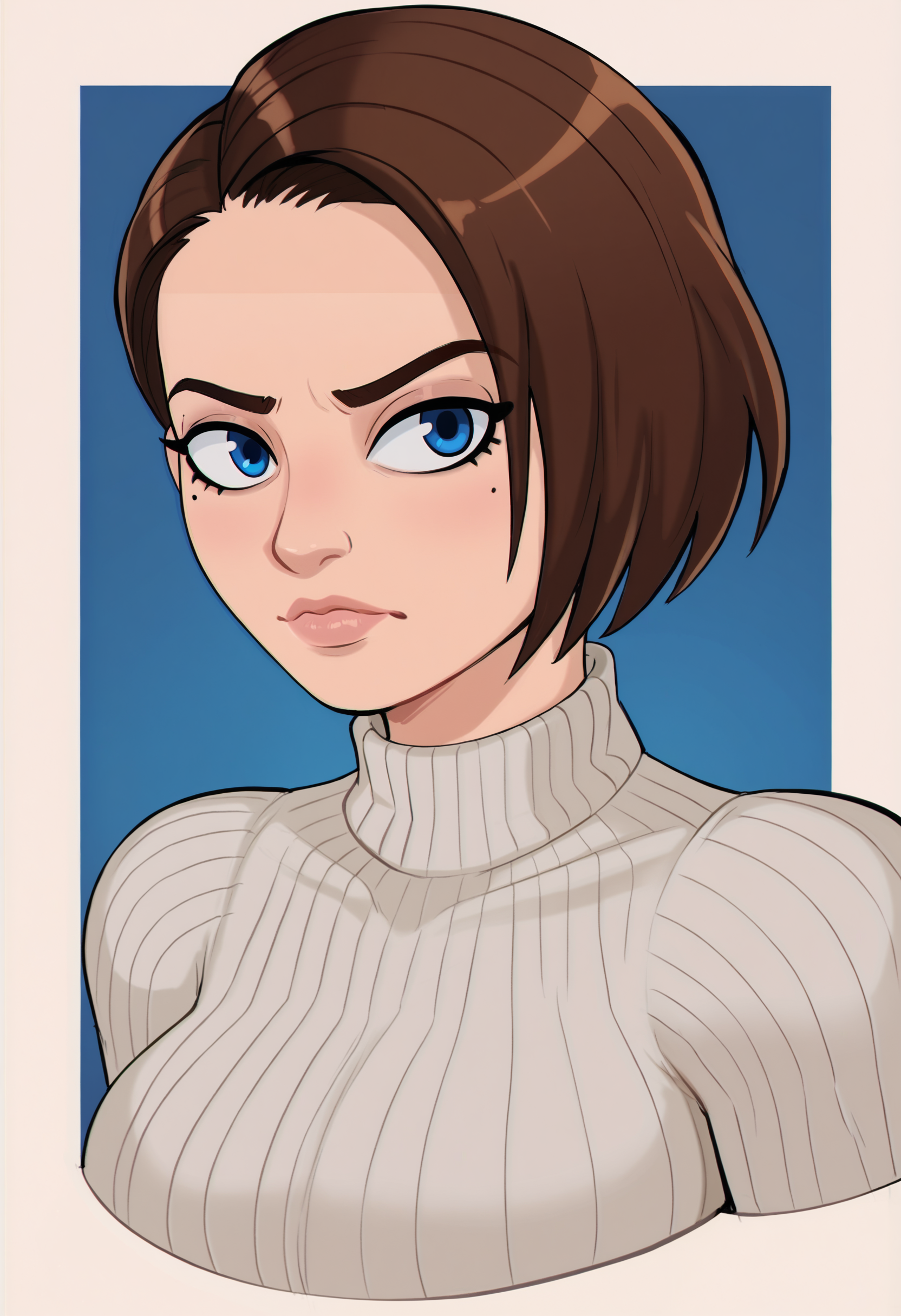 <lora:shadmancomic-guy-PONY-DORAv1:1>, shadcom, score_9, score_7_up, 1girl, solo, ribbed sweater, portrait, brown hair, blue eyes, presenting, jill valentine