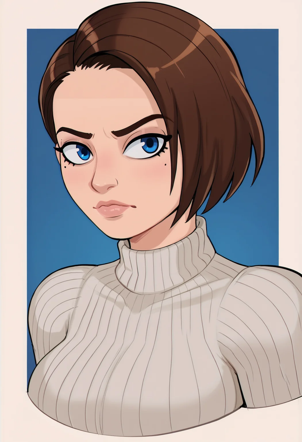 <lora:shadmancomic-guy-PONY-DORAv1:1>, shadcom, score_9, score_7_up, 1girl, solo, ribbed sweater, portrait, brown hair, blue eyes, presenting, jill valentine