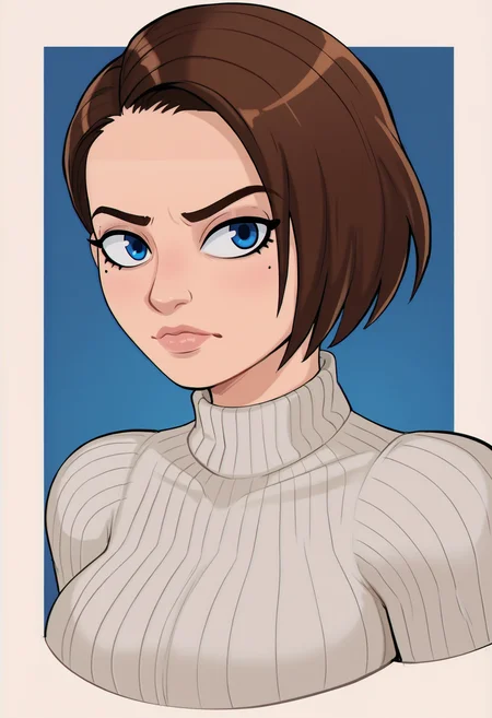 <lora:shadmancomic-guy-PONY-DORAv1:1>, shadcom, score_9, score_7_up, 1girl, solo, ribbed sweater, portrait, brown hair, blue eyes, presenting, jill valentine