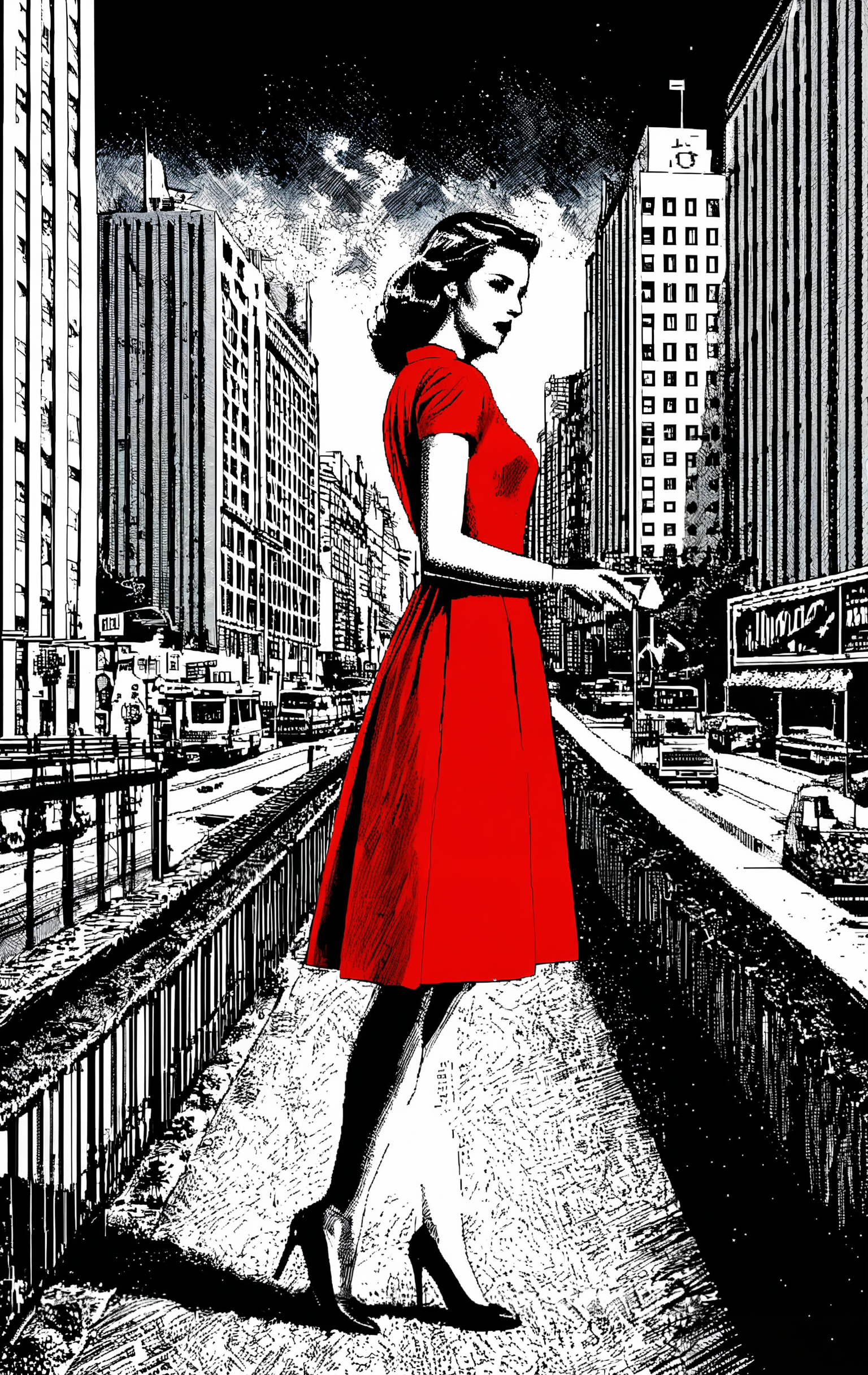 1girl, Uno Moralez, index colors, monochrome, surrealism, transgressive art, red dress, outside, city background <lora:ZEL\Uno_Moralez_v.1.safetensors:0.8:1> <lora:ENCHANCE\XL_lora_offset_02.safetensors:0.3:1> <lora:ENCHANCE\add-detail-xl.safetensors:0.6:1>