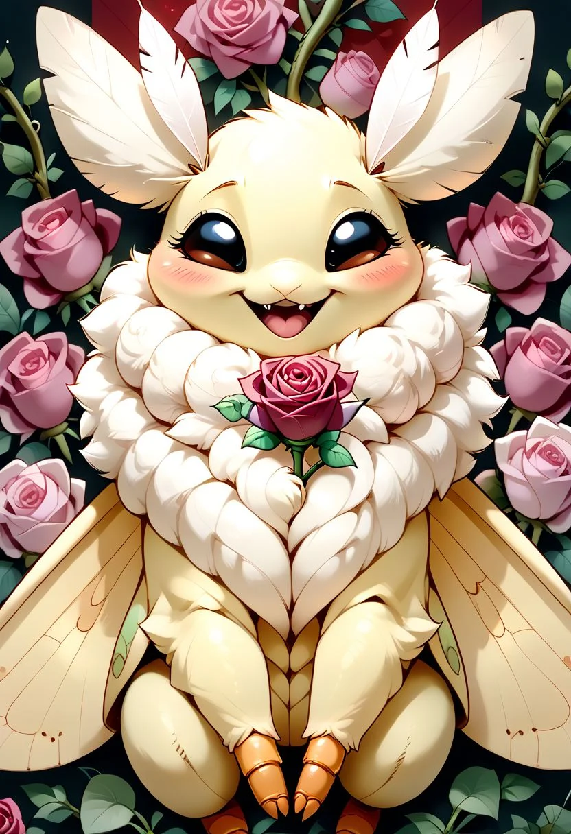 score_9, score_8_up, score_7_up, source_cartoon, solo, adorable Anthropomorphic Moth, happy, (Squeaking, visible squeak:1.1), (tiny size:1.2), blushing, moaning, (white neck fuzz, female, moth eyes, moth head, arthropod abdomen, moth traits:1.1)
BREAK
(Rose background, rose vine around image, plant borders:1.5), (detailed image, high resolution, 5k resolution:1.0), Expressiveh, (las lindas art style:0.75)