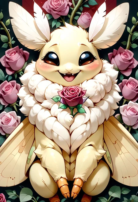 score_9, score_8_up, score_7_up, source_cartoon, solo, adorable Anthropomorphic Moth, happy, (Squeaking, visible squeak:1.1), (tiny size:1.2), blushing, moaning, (white neck fuzz, female, moth eyes, moth head, arthropod abdomen, moth traits:1.1)
BREAK
(Rose background, rose vine around image, plant borders:1.5), (detailed image, high resolution, 5k resolution:1.0), Expressiveh, (las lindas art style:0.75)