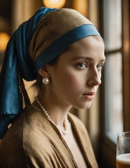 RAW photo ((best quality)) ((masterpiece)) ((realistic)) (The Girl with the Pearl Earring) a cafe indoor cafe setting soft warm ambient light realistic style photography medium portrait warm earthy tones high definition on eye level scenic (high detailed skin:1.2) film grain