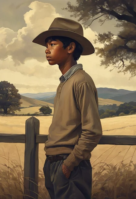 hyper-detailed digital dry brush painting, charcoal base texture, hand-erased layer simulation
1boy, adult, solo, standing near distant field gate, pastoral setting, isolated silhouette, muted brown skin, unreadable features,
clouded daylight, overcast tone, neutral temperature,
knit sweater, wool-like brush texture, light gray, faded edges,
wide-brim hat, tilted back, coarse fabric, dark beige, chalk smudge,
short and slightly curled, charcoal dark, still edge texture,
facial lines barely sketched, calm impression,
none,
open field stretching to hills, framed by gate posts, soft center focus,
dry strokes, dust lift effects, grain friction motion,
charcoal-digital hybrid, rustic tone, grounded solitude,