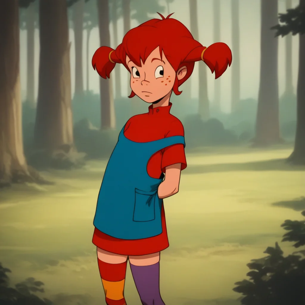score_8_up, BREAK, Pippi, 1girl, solo, red hair, short twintails, black eyes, freckles, red dress, blue overalls, thighhighs, mismatched legwear, multicolored legwear,
<lora:Pippi_Longstocking_PXL_Leaf1:1>, forest, blurry background, arms at sides,