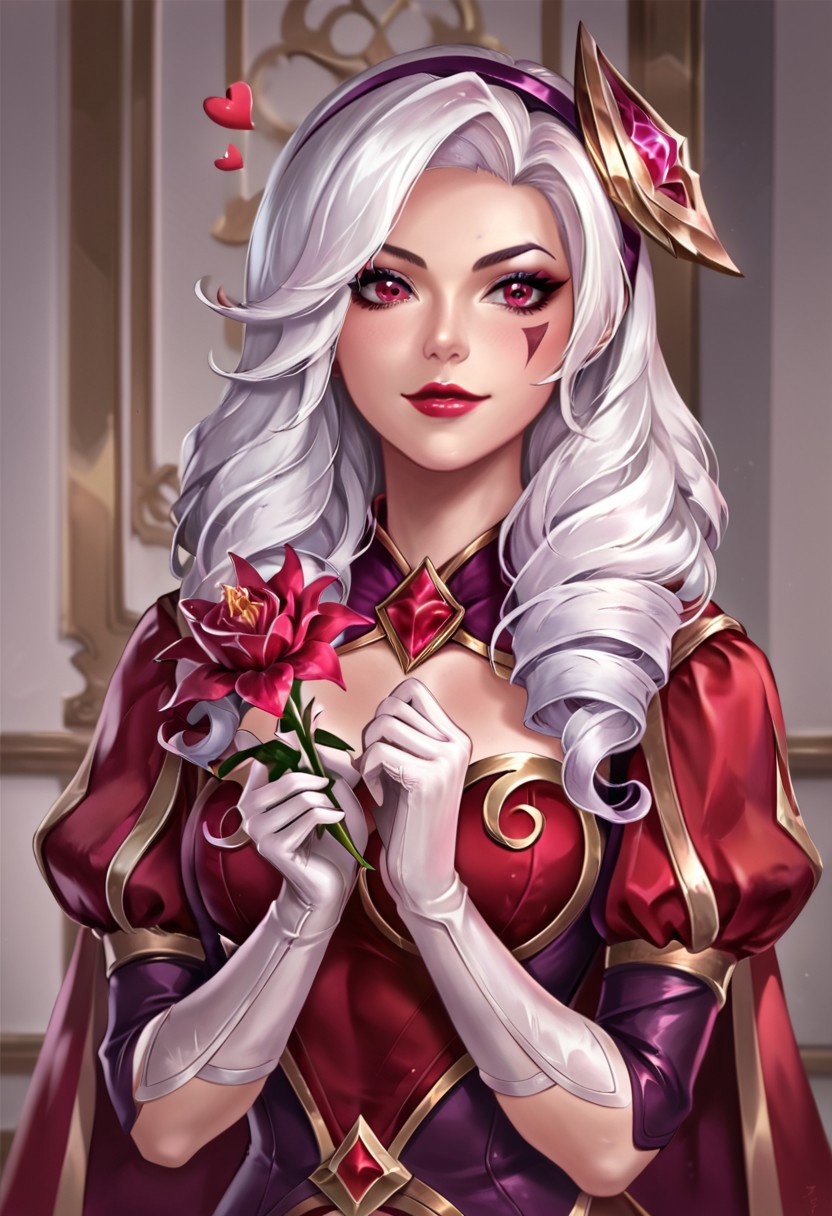 score_9, score_8_up, beautiful face, perfect eyes, masterpiece, high detail, (1girl:1.8), (detailed face:1.8), (face focus:1.5), (zoom in:1.4), (light skinned female:1.6), (pale female:1.2), HSAshe, red dress, red cape, makeup, white gloves, hairband, red headwear, heart, drill hair, white hair, upper body, hair ornament, purple hairband, white hair, long hair, smirk, flirty, league of legends style, source_anime, anime style, league of legends style, holding flower,