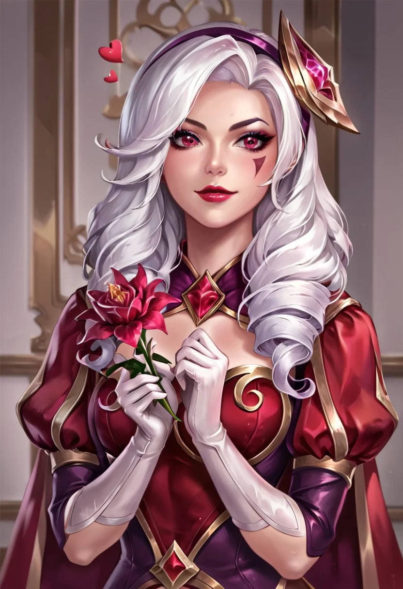 score_9, score_8_up, beautiful face, perfect eyes, masterpiece, high detail, (1girl:1.8), (detailed face:1.8), (face focus:1.5), (zoom in:1.4), (light skinned female:1.6), (pale female:1.2), HSAshe, red dress, red cape, makeup, white gloves, hairband, red headwear, heart, drill hair, white hair, upper body, hair ornament, purple hairband, white hair, long hair, smirk, flirty, league of legends style, source_anime, anime style, league of legends style, holding flower,