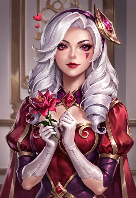score_9, score_8_up, beautiful face, perfect eyes, masterpiece, high detail, (1girl:1.8), (detailed face:1.8), (face focus:1.5), (zoom in:1.4), (light skinned female:1.6), (pale female:1.2), HSAshe, red dress, red cape, makeup, white gloves, hairband, red headwear, heart, drill hair, white hair, upper body, hair ornament, purple hairband, white hair, long hair, smirk, flirty, league of legends style, source_anime, anime style, league of legends style, holding flower,