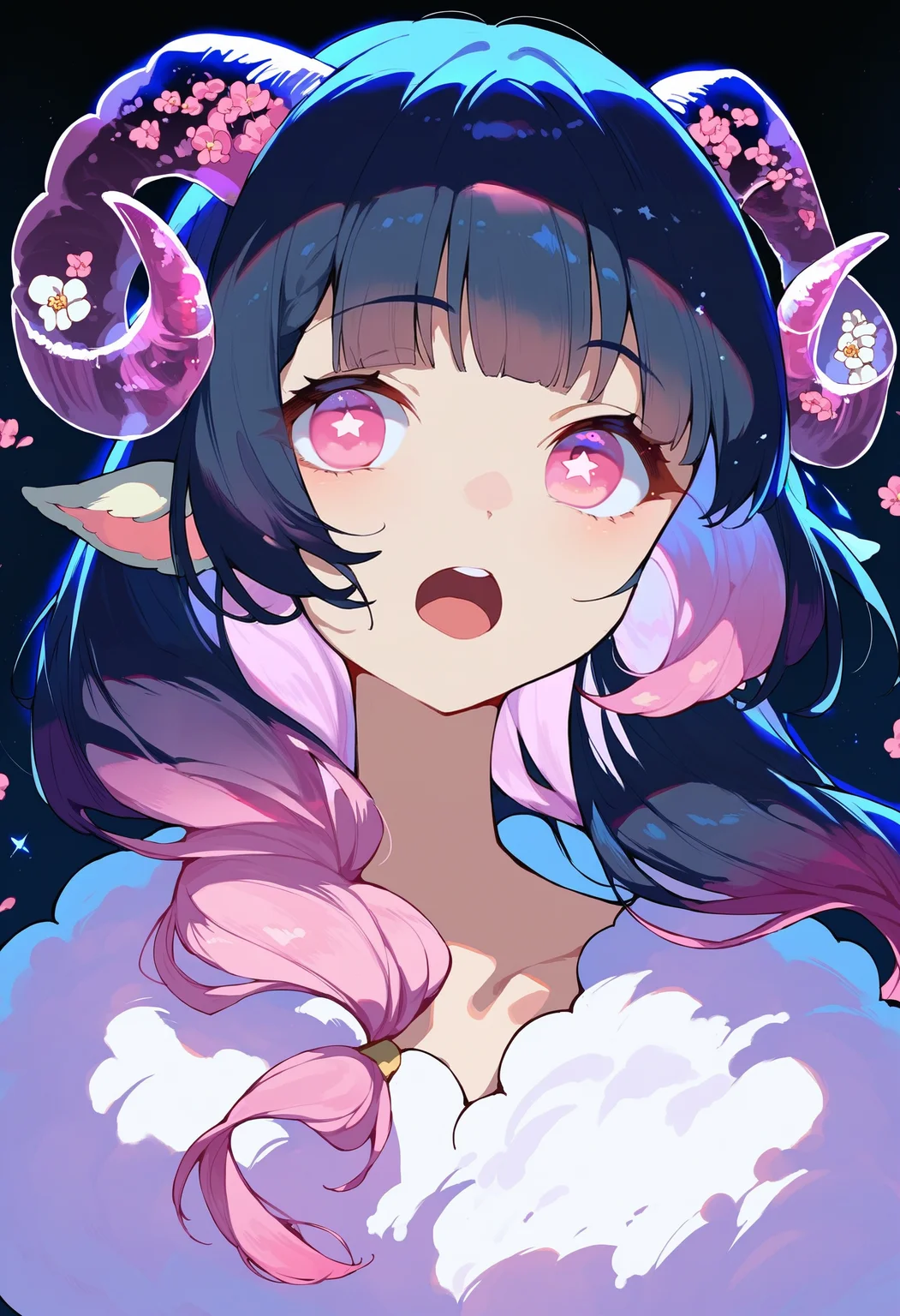 score_9, score_8_up, score_7_up, score_6_up, source anime,
sheep girl, translucent sheep horns, flower, sheep ears, portrait,
black hair, pink hair, hime cut, gradient hair, multi-tied hair,
star-shaped pupils, pink eyes,
open mouth, upper teeth only,
black background, backlighting, night, night sky, dappled moonlight
<lora:monmusu_sheep_girl_v14:1>
