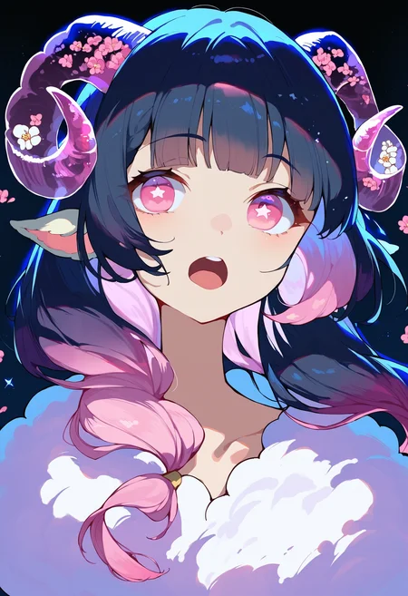 score_9, score_8_up, score_7_up, score_6_up, source anime,
sheep girl, translucent sheep horns, flower, sheep ears, portrait,
black hair, pink hair, hime cut, gradient hair, multi-tied hair,
star-shaped pupils, pink eyes,
open mouth, upper teeth only,
black background, backlighting, night, night sky, dappled moonlight
<lora:monmusu_sheep_girl_v14:1>
