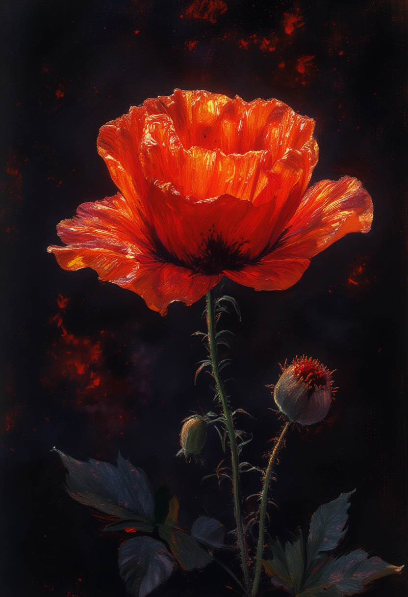 Basking in the mesmerizing contrast between radiant luminosity and eerie obscurity, this exquisite piece of art showcases a majestic red poppy in its full bloom. The vibrant petals radiate warmth as they elegantly unfurl against a deeply velvet black background, evoking a tantalizing interplay of light and shadow that seems to enhance the poppy's allure. Detailed strokes effortlessly capture each delicate curve and crimson hue, further emphasizing the subtle yet profound intertwining of colors. The poppy appears to emerge triumphantly from the gloom, emanating a vital spirit, embodied in the captivating depths of its radiant blossom. ,<lora:OBä¸­ä¸çºªæ²¹ç»v1.1.safetensors:1.0>