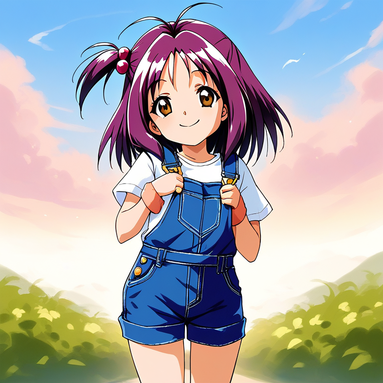 score_9, score_8_up, score_7_up, source_anime, rating_explicit, BREAK  <lora:Kotobuki_Miyuki_XL:0.8> Kotobuki_Miyuki, purple hair, brown eyes, short hair, short stack,
 1girl, solo, overalls, hair ornament, hair bobbles, plaid, one side up, shirt, smile, 
outdoor, sky,