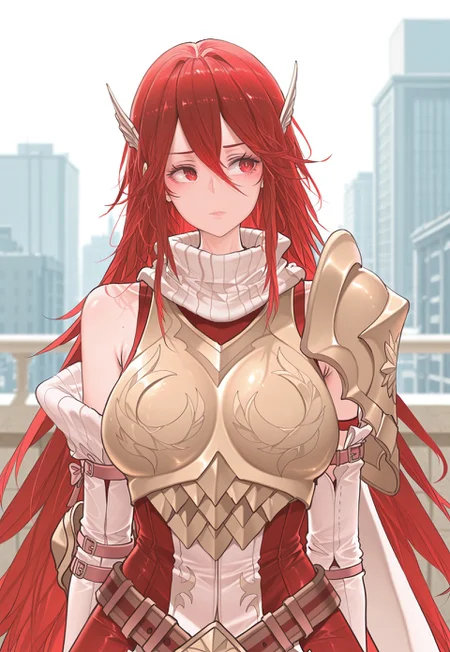 Dishwasher1910, masterpiece, absurdres, newest, best quality, perfect quality, absolutely eye-catching, from front, upper body BREAK
1girl, solo, respcor, red hair, long hair, red eyes, wing hair ornament, red dress, short dress, belt, white scarf, single shoulder armor, bronze breastplate, detached sleeves BREAK
outdoors, city, looking to the side