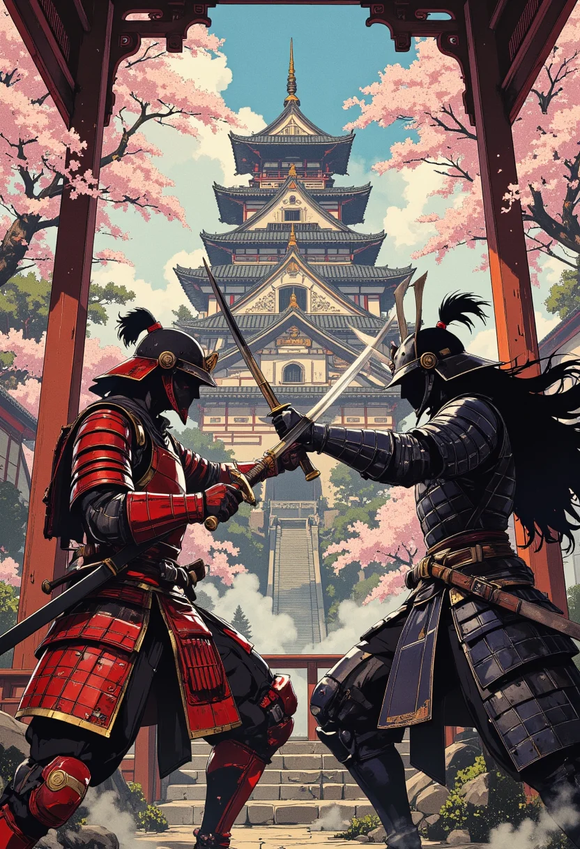 Image is a close up shot digital fantasy artwork featuring two female samurai characters fighting. Both are clad in heavy samurai armor. One armor is red and the other armor is black. both are clashing with katanas. The background is of the inside of a beautiful japanese castle, cherry blossom trees, japanese garden,