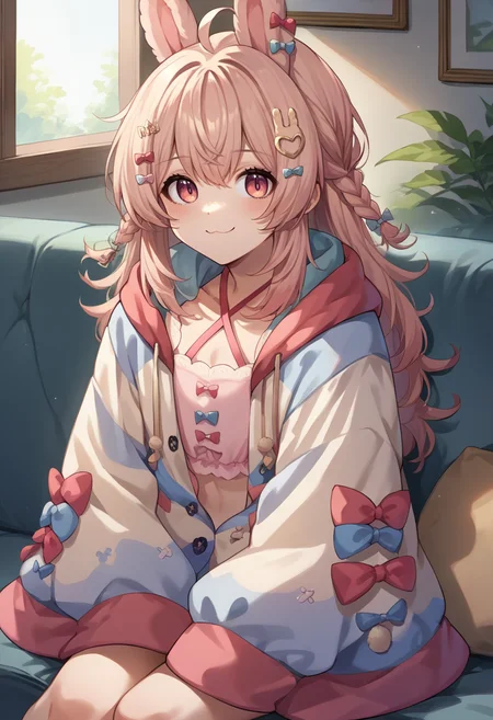 score_9, score_8_up, source_anime, PippaBase, long hair, braid, ahoge, hair ornament, hair bow, multicolored jacket, sleeves past wrists, criss-cross halter, sitting, indoors, on couch, smile, <lora:ChamPippaPipkinPonyXL-000008:1>