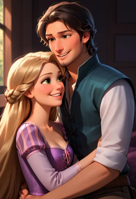 score_9,score_8_up,score_7_up, rapunzel, FlynnRider, muscular FlynnRider, rapunzel, couple, girl with green eyes, boy with brown eyes, happy, smiling