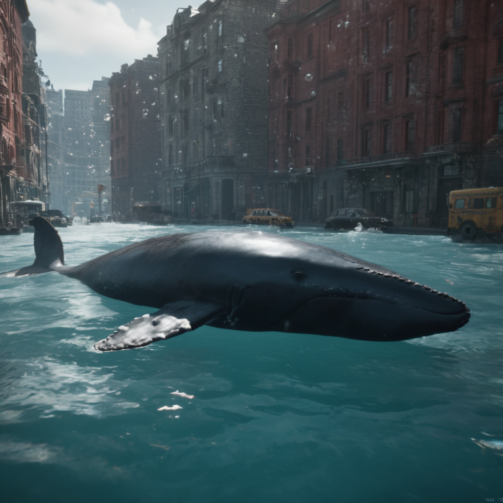 cinematic film still of  <lora:Unreal Engine style:1>
An Unreal Engine image of a whale floating in the water in a city,no humans,animal,building,scenery,fish,science fiction,bubble,underwater,fantasy,air bubble , realistic, realism, photorealism, hyperrealism, hyperrealistic, realistic, sharp, detailed, cinematography style, film light style, movie still,  professional photography, artistic, perfection, contrast, cinematic, filmic, high quality photo,  8k quality, colorful, photography style, 3D computer graphics, Blender, 3ds Max, Maya, Cinema 4D, ZBrush, AutoCAD, LightWave 3D, Adobe Dimension, virtual reality, 3d, different people, different characters, different models, detailed eyes, detailed nose, detailed ears, detailed environment, detailed body, detailed face, detailed nipples, detailed breasts, detailed feet, detailed hands, perfect, perfection, epic, awesome, Interactive, Cybernetics, different lighting, light, Video games, Film and television, Unreal, real-time 3D,  Epic Games style, Unreal Engine style, shallow depth of field, vignette, highly detailed, high budget, bokeh, cinemascope, moody, epic, gorgeous, film grain, grainy
