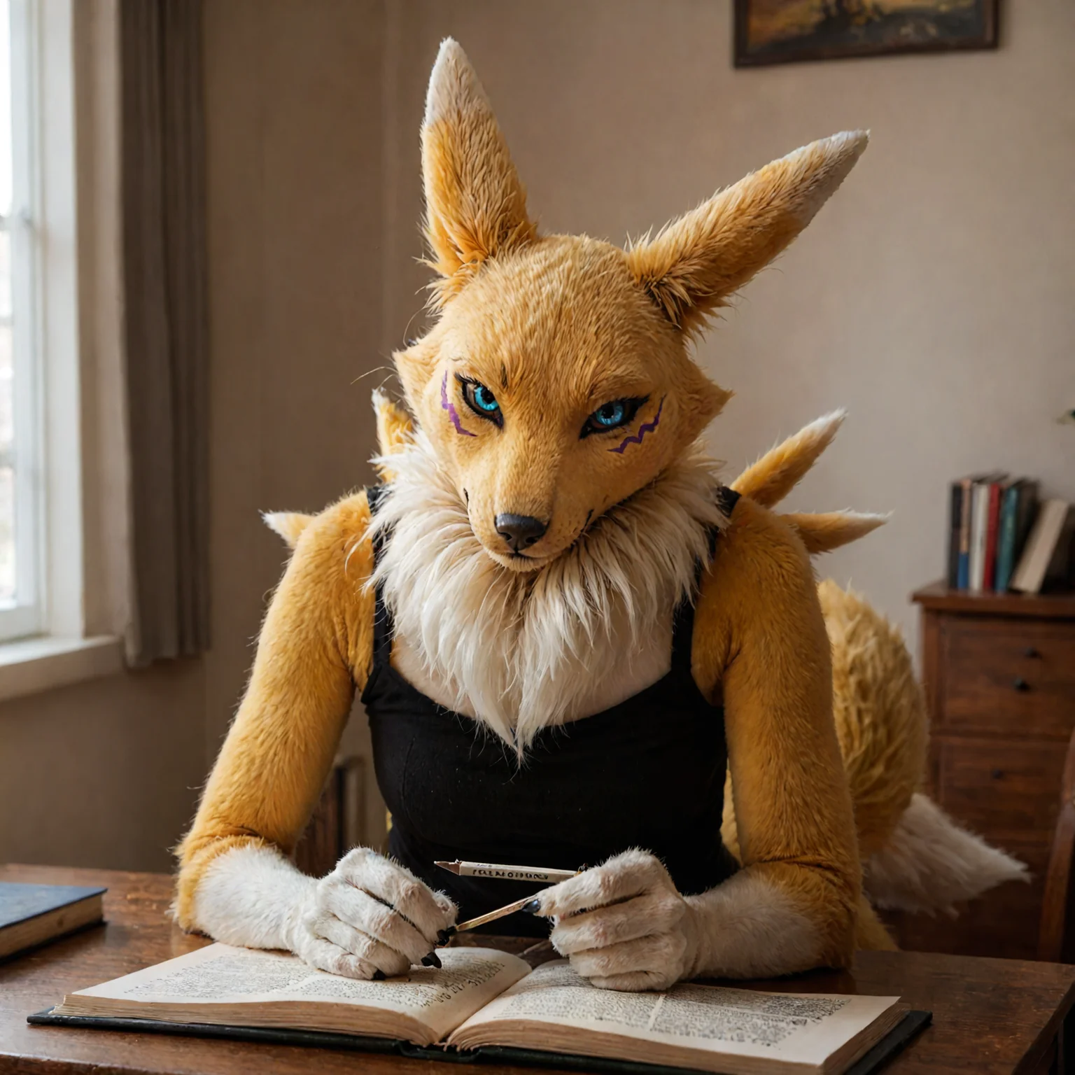 photorealism, realistic, solo,
renamon, yellow fur, anthro, furry, studying in her room, detailed fur, soft fur,
<lora:Pony_DetailV2.0:1>
