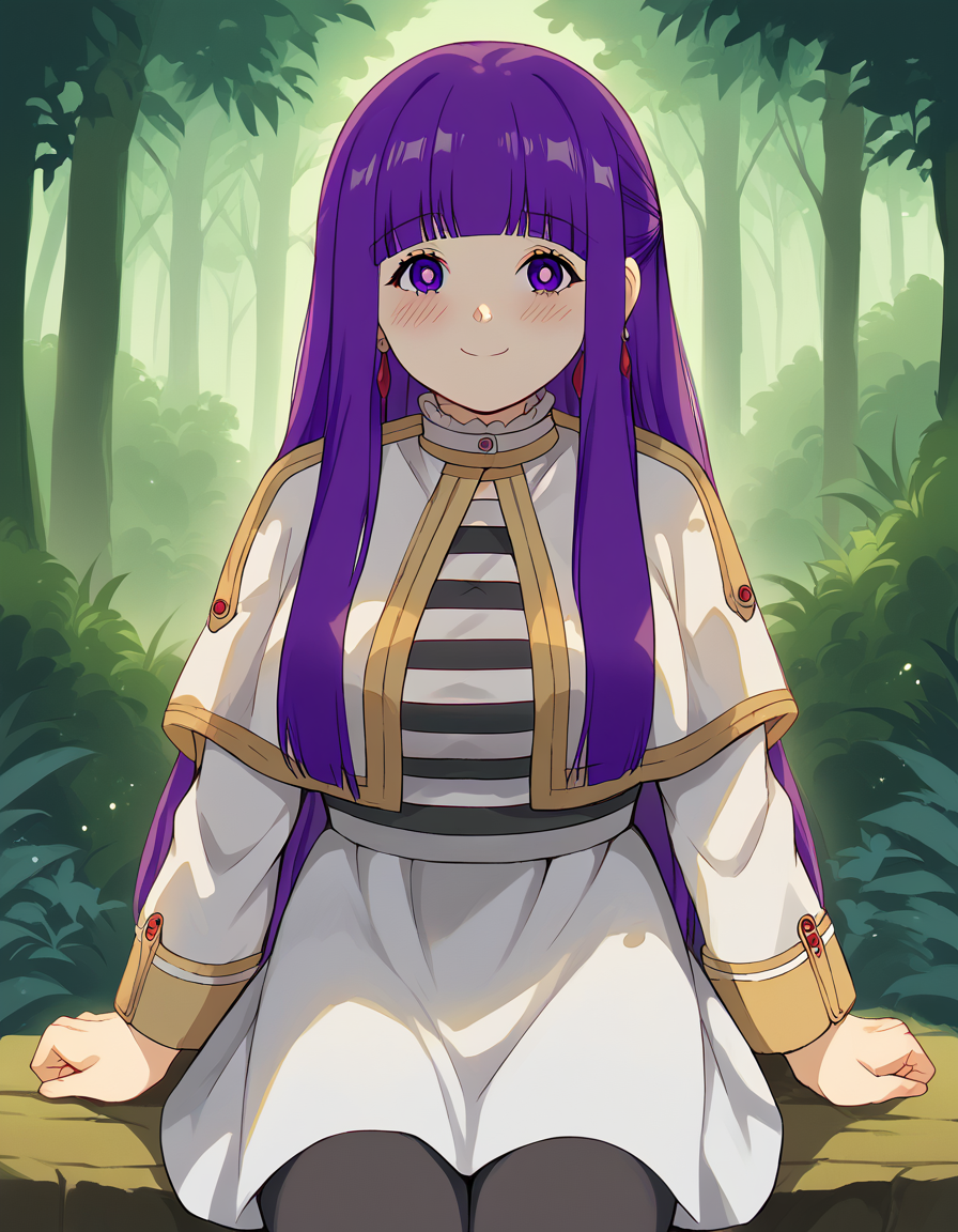 score_9, score_8_up, score_7_up, source_anime, <lora:fern-s1-ponyxl-lora-nochekaiser:1>, fern, long hair, bangs, purple eyes, purple hair, sidelocks, blunt bangs, bright pupils, half updo, large breasts, <lora:frieren-cosplay-ponyxl-lora-nochekaiser:1>, frieren cosplay, frieren (cosplay), shirt, long sleeves, jewelry, pantyhose, earrings, striped, black pantyhose, capelet, striped shirt, skirt, white skirt,, forest, sitting, smile, blush, cowboy shot, looking at viewer