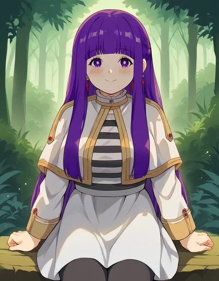 score_9, score_8_up, score_7_up, source_anime, <lora:fern-s1-ponyxl-lora-nochekaiser:1>, fern, long hair, bangs, purple eyes, purple hair, sidelocks, blunt bangs, bright pupils, half updo, large breasts, <lora:frieren-cosplay-ponyxl-lora-nochekaiser:1>, frieren cosplay, frieren (cosplay), shirt, long sleeves, jewelry, pantyhose, earrings, striped, black pantyhose, capelet, striped shirt, skirt, white skirt,, forest, sitting, smile, blush, cowboy shot, looking at viewer