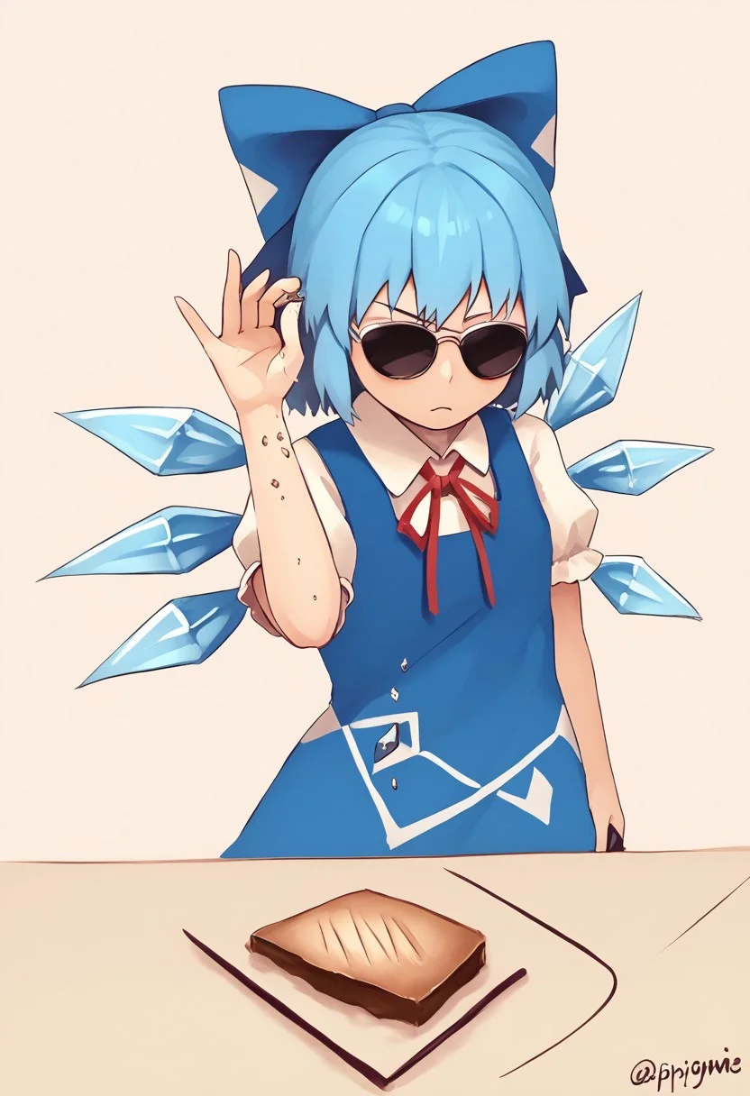 SmoothQualityPony, Epips,
illustration showing SaltBarMeme cirno,
1girl, pblue_hair, hair_bow, short_hair, blue_eyes, wings, ice_wings, bow, blue_bow,
dress, blue_dress, shirt, short_sleeves, white_shirt, collared_shirt, puffy_sleeves, ribbon, puffy_short_sleeves, ice
upper body, standing, salt, sunglasses