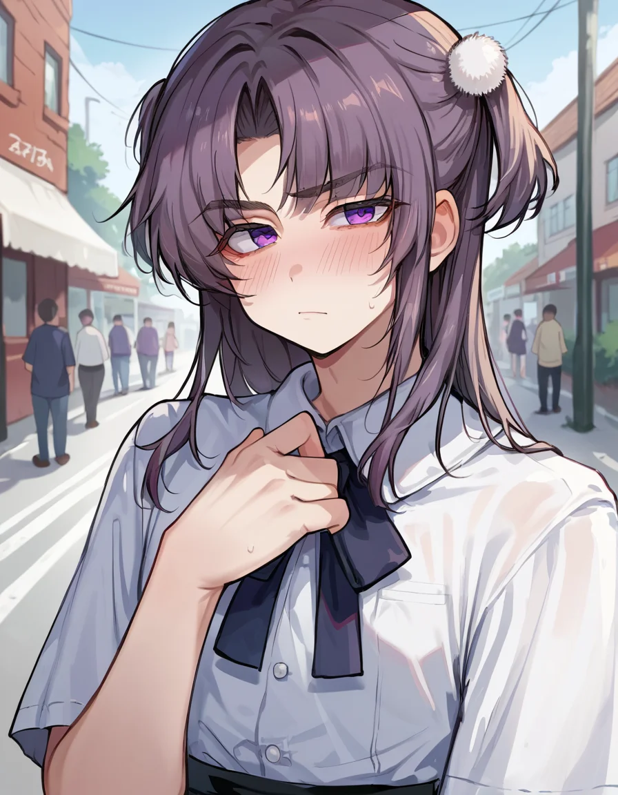 score_9, score_8, score_7, source_anime, public, blush, 1boy, femboy, pompom625tn, upper body, purple eyes, solo, <lora:pompom625tn:0.7>,
