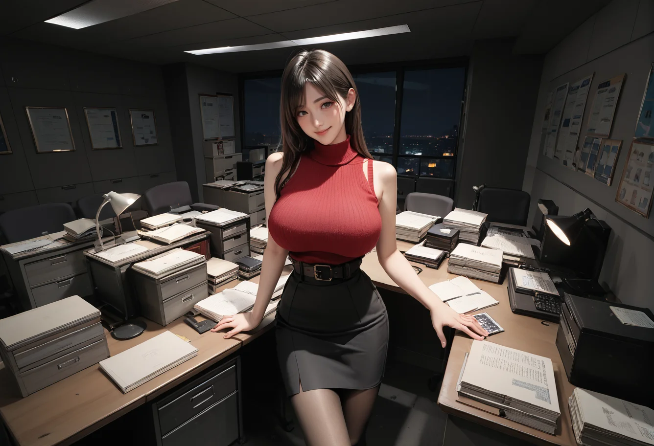 ,ruanyi0945,office,indoors,window,night,dark,chair,desk,
,belt,black pantyhose,high-waist skirt,sleeveless sweater,red sweater,ruanyi0892,<lora:0945 police office_v1_pony:0.9>,<lora:0892 Home wear_v1_pony:0.7>, score_9, score_8_up, score_7_up, score_6_up, score_9, score_8_up, score_7_up, score_6_up source_anime, blush, 1girl, seduce smile, perfect body , natural huge breasts