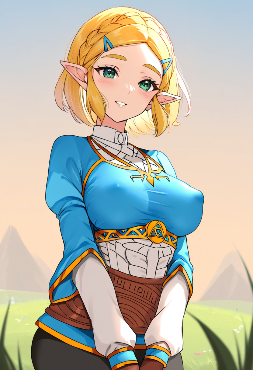 masterpiece, best quality, zelda, covered erect nipples, smile, parted lips