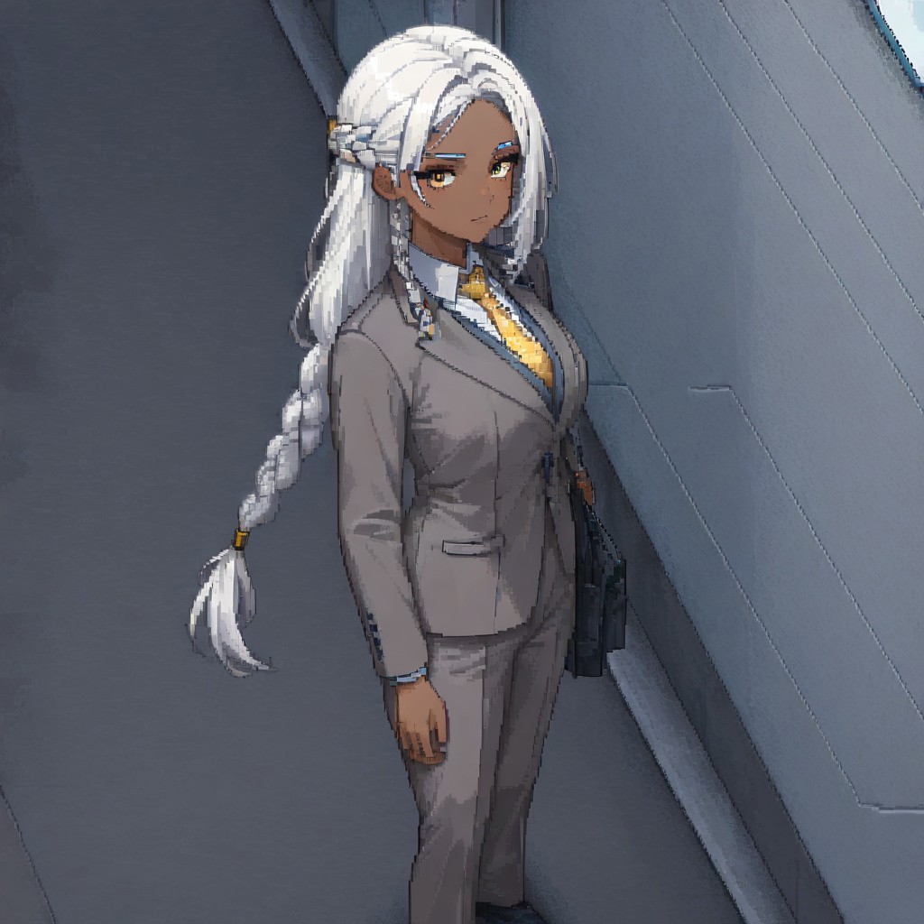 masterpiece, best quality, newest, absurdres, highres, PCSVIL-V1.0, pixel art, 1girl, dark skin, dark-skinned female, grey suit, suit official attire, official clothes, nectie, yellow necktie, white hair, long hair, braid, single braid,