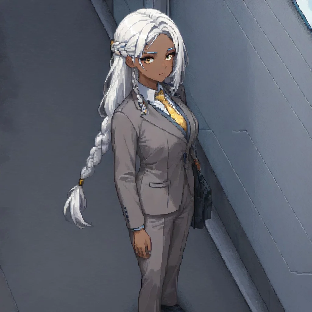 masterpiece, best quality, newest, absurdres, highres, PCSVIL-V1.0, pixel art, 1girl, dark skin, dark-skinned female, grey suit, suit official attire, official clothes, nectie, yellow necktie, white hair, long hair, braid, single braid,