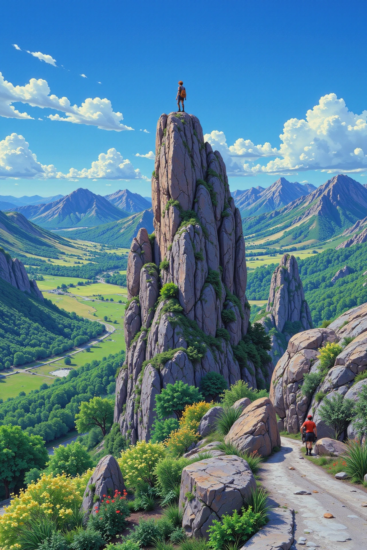 a climber on top of a mountain beautiful  landscape, noon, woman, very intricate, very detailed, sharp, bright, colorful, <lora:Hand v2:0.5> <lora:Anti-Blur:1><lora:Insane Detail Slider:0.25>  <lora:flux.1_lora_flyway_Epic-detail_v2:0.3> <lora:fluxenhancer:0.25> <lora:90s-anime:1> retro anime, 77oussam 90s, studio ghibli style, 1990s anime
