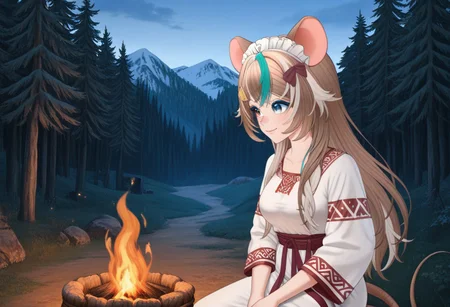 ((masterpiece, best quality, absurdres, highres, newest, very aesthetic, extremely detailed, very away, year 2025, detailed background, perfect anatomy, surreal)),detailed ,<lora:xmc_v0.3_noobai_cwhj_946906:0.8>,<lora:illustrious_best_quality_v1_1021798:0.8>,<lora:add-detail-xl:0.9>, <lora:Nastra_Moonlight_Vtuber:0.8>,nastraillusv1,1girl,solo,animal ears, breasts,brown hair,streaked hair,multicolored hair,long hair,mouse ears, mouse tail,white hair,heterochromia,hair ornament,bangs,blue eyes,virtual youtuber, anime coloring, village,forest background, traditional outfit, slavic, slavic robe, upper body, kokoshnik_headdress, slavfantasy, kokoshnik, sitting, Near campfire, view from side,Thoughtful face,