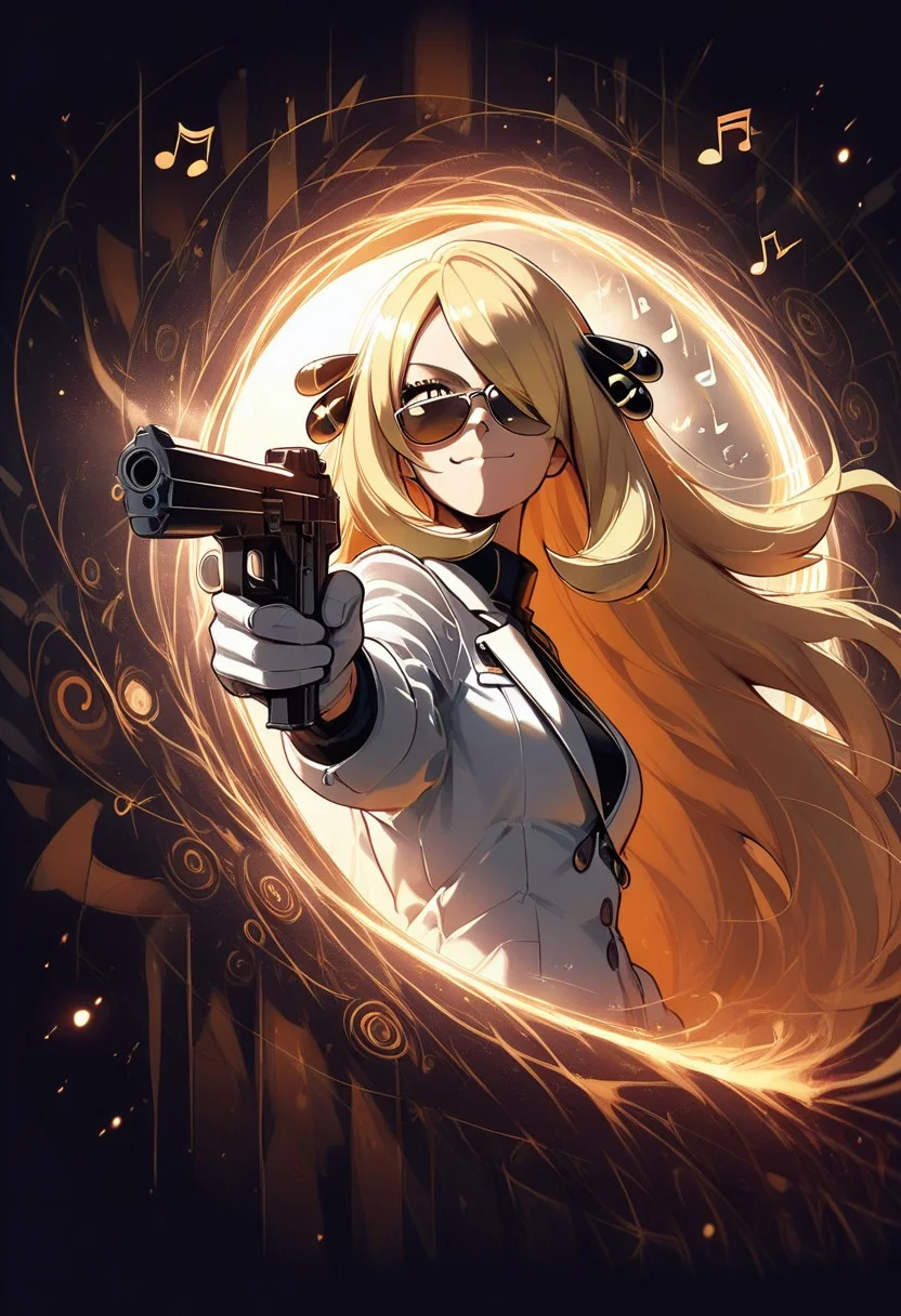 score_9, score_8_up, score_7_up, score_6_up, score_5_up, score_4_up, C007Citron, grey eyes, hair over one eye, blonde hair, hair ornament, long hair,  long sleeves, white gloves, white jacket, white pants, alternate costume, shirt, sunglasses, looking over eyewear, smirk, portal, arm reaching through portal, ((staff (music), musical notes)), holding gun, aiming pistol, backlighting, black theme