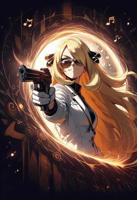 score_9, score_8_up, score_7_up, score_6_up, score_5_up, score_4_up, C007Citron, grey eyes, hair over one eye, blonde hair, hair ornament, long hair, long sleeves, white gloves, white jacket, white pants, alternate costume, shirt, sunglasses, looking over eyewear, smirk, portal, arm reaching through portal, ((staff (music), musical notes)), holding gun, aiming pistol, backlighting, black theme