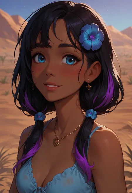 score_9, score_8_up, score_7_up, score_6_up, 
1girl, 25 years old, perfect face, cute, petite, close view, 
blue eyes,
dark-skinned female, 
long hair, multicolored hair, black hair, purple hair, hair ornament, hair flower, low twintails, 
dress, sundress, blue dress, see-through dress, cleavage, see-through cleavage, bare arms, bare shoulders, 
blush, shy smile, portrait, face focus, detailed face,
desert,