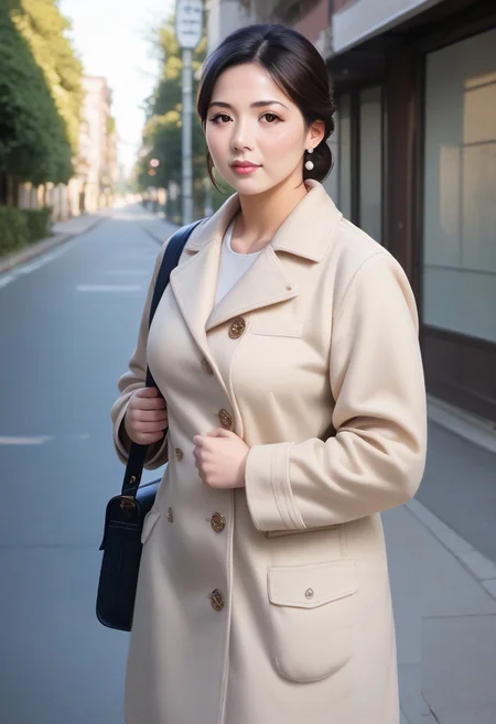 score_9, score_8_up, score_7_up, 35mm photography, highly detailed, sharp focus, source_anime, 1milf,mature and plump asia housewife, solo，(beige buckle long coat),Bare knees ,low updo, black hair,(beautiful face), beautiful eyes,eye-shadow,Long eyelashes， perfect cute face, plump face,Round cheeks, dignified，mild ，Long legged，sole，standing,  (satchel)， Street，tree，